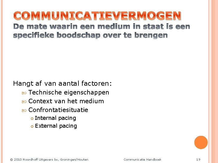 COMMUNICATIEVERMOGEN Hangt af van aantal factoren: Technische eigenschappen Context van het medium Confrontatiesituatie Internal