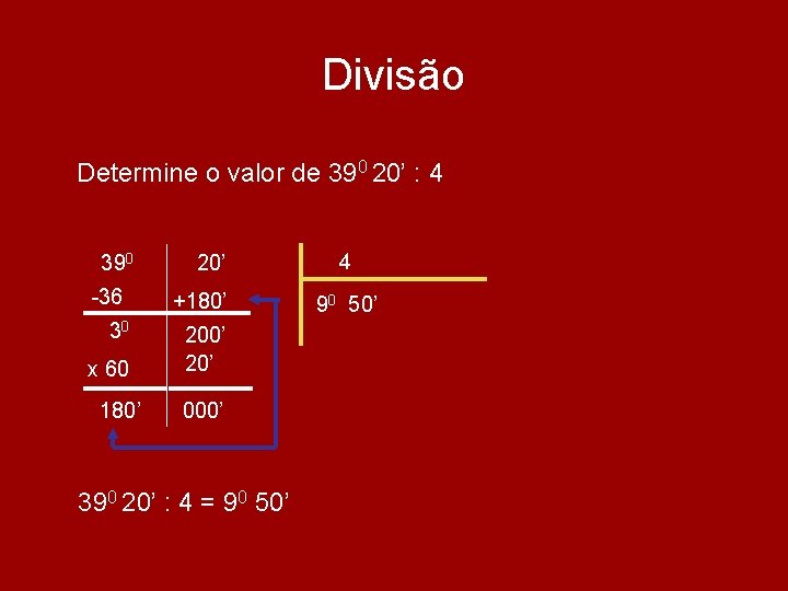 Divisão Determine o valor de 390 20’ : 4 390 -36 30 x 60 Divisão Determine o valor de 390 20’ : 4 390 -36 30 x 60