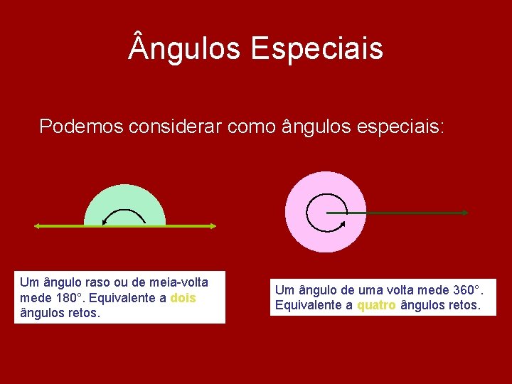 ngulos Especiais Podemos considerar como ângulos especiais: Um ângulo raso ou de meia-volta ngulos Especiais Podemos considerar como ângulos especiais: Um ângulo raso ou de meia-volta