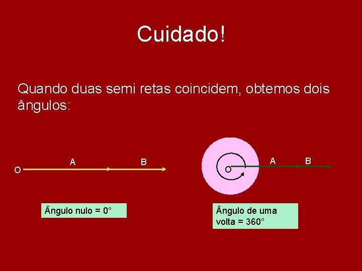 Cuidado! Quando duas semi retas coincidem, obtemos dois ângulos: O A ngulo nulo = Cuidado! Quando duas semi retas coincidem, obtemos dois ângulos: O A ngulo nulo =