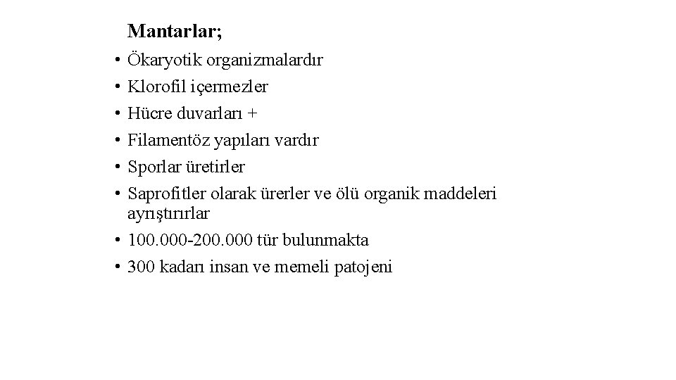 Mantarlar; • • • Ökaryotik organizmalardır Klorofil içermezler Hücre duvarları + Filamentöz yapıları vardır