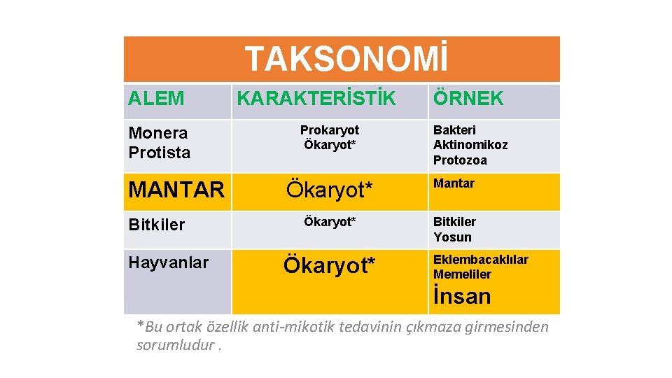 TAKSONOMİ ALEM Monera Protista MANTAR Bitkiler Hayvanlar KARAKTERİSTİK Prokaryot Ökaryot* ÖRNEK Bakteri Aktinomikoz Protozoa