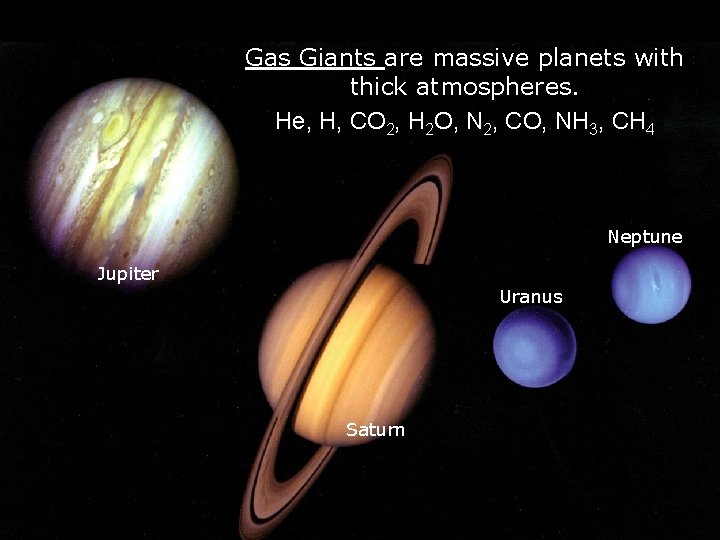 Gas Giants are massive planets with thick atmospheres. He, H, CO 2, H 2