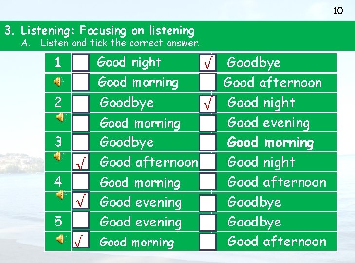 10 3. Listening: Focusing on listening A. Listen and tick the correct answer. 1