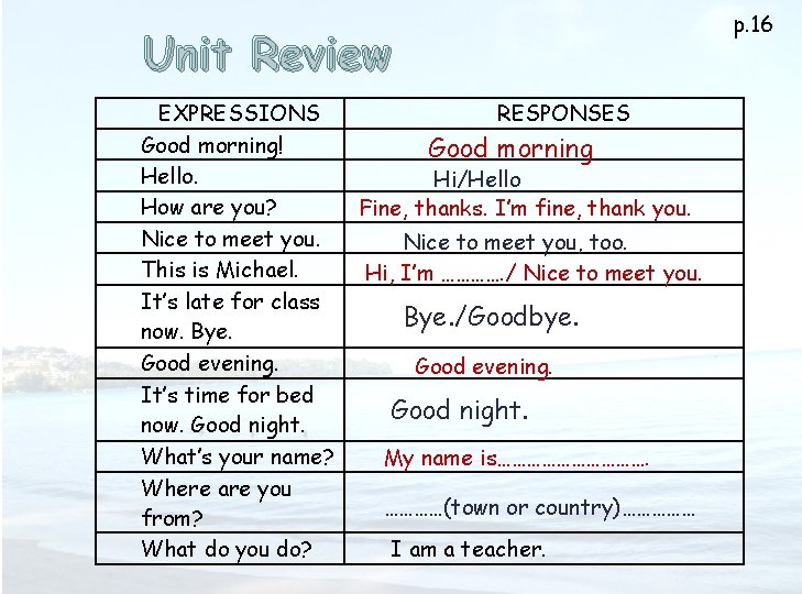 p. 16 Unit Review EXPRESSIONS Good morning! Hello. How are you? Nice to meet