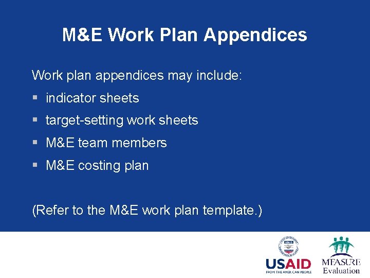 M&E Work Plan Appendices Work plan appendices may include: § indicator sheets § target-setting