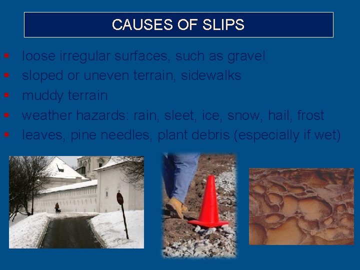 CAUSES OF SLIPS § § § loose irregular surfaces, such as gravel sloped or