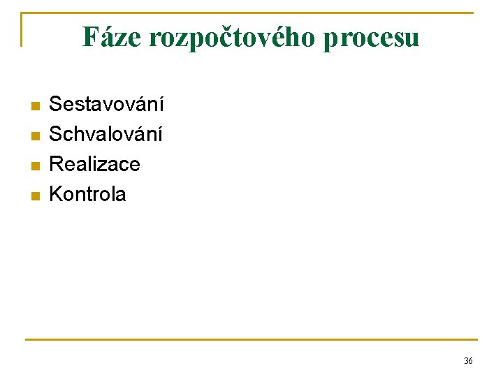 Fáze rozpočtového procesu n n Sestavování Schvalování Realizace Kontrola 36 