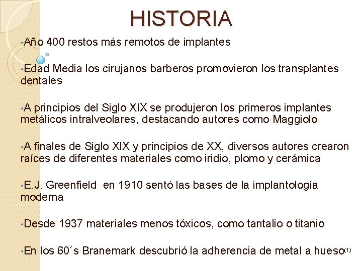 HISTORIA • Año 400 restos más remotos de implantes • Edad Media los cirujanos