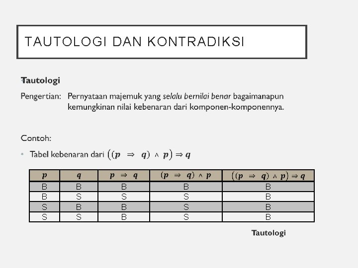 TAUTOLOGI DAN KONTRADIKSI • B B S S B S B B B S