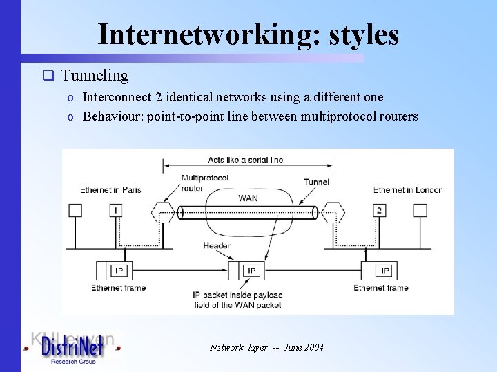 Internetworking: styles q Tunneling o Interconnect 2 identical networks using a different one o