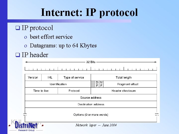 Internet: IP protocol q IP protocol o best effort service o Datagrams: up to