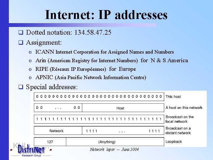 Internet: IP addresses q Dotted notation: 134. 58. 47. 25 q Assignment: o ICANN