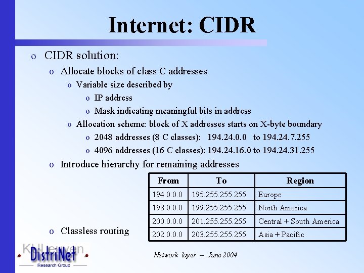 Internet: CIDR o CIDR solution: o Allocate blocks of class C addresses o Variable