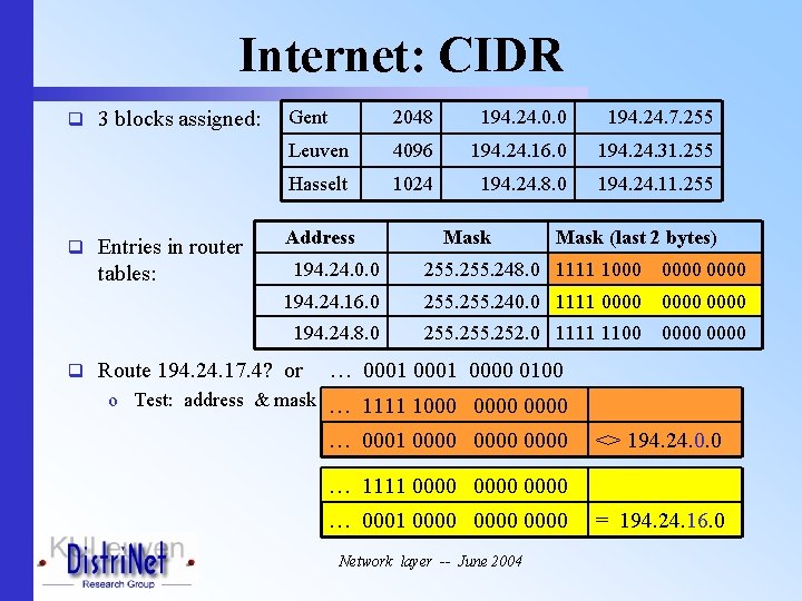 Internet: CIDR q 3 blocks assigned: q Entries in router tables: Gent 2048 194.