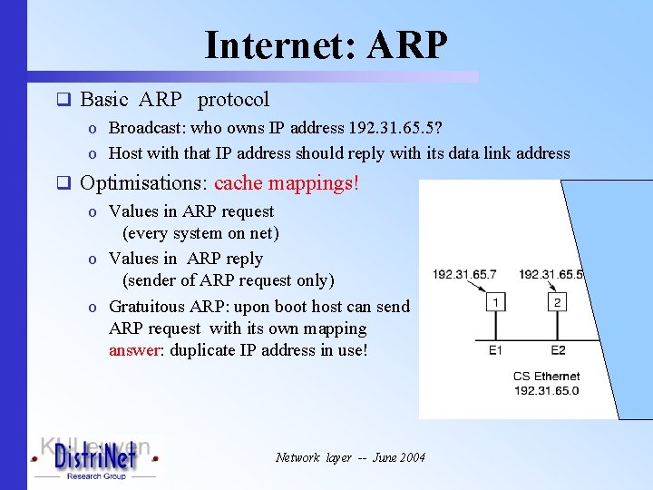 Internet: ARP q Basic ARP protocol o Broadcast: who owns IP address 192. 31.