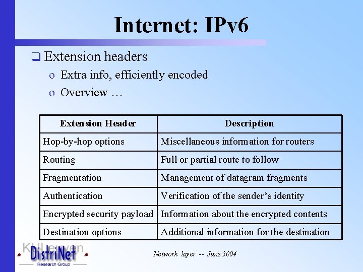 Internet: IPv 6 q Extension headers o Extra info, efficiently encoded o Overview …
