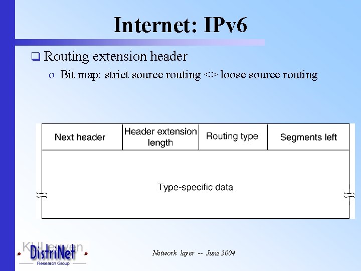 Internet: IPv 6 q Routing extension header o Bit map: strict source routing <>