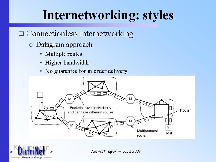 Internetworking: styles q Connectionless internetworking o Datagram approach • Multiple routes • Higher bandwidth