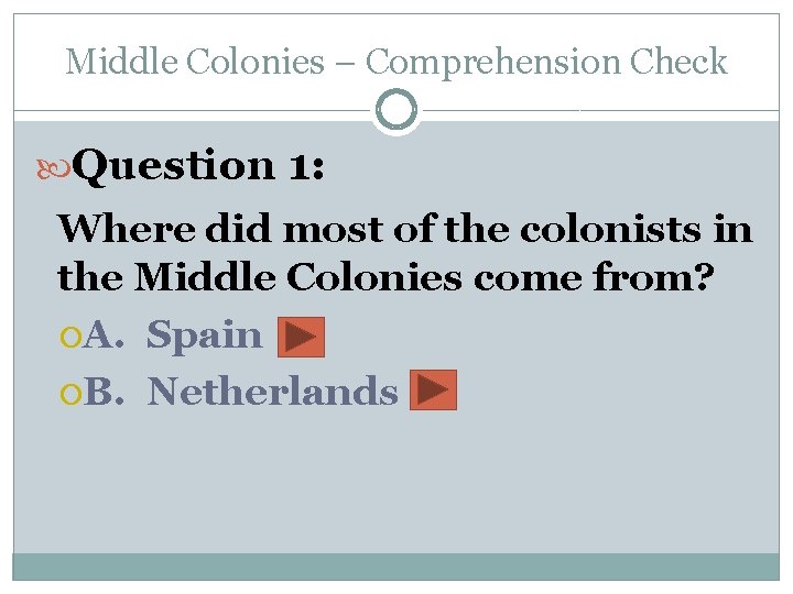 Middle Colonies – Comprehension Check Question 1: Where did most of the colonists in