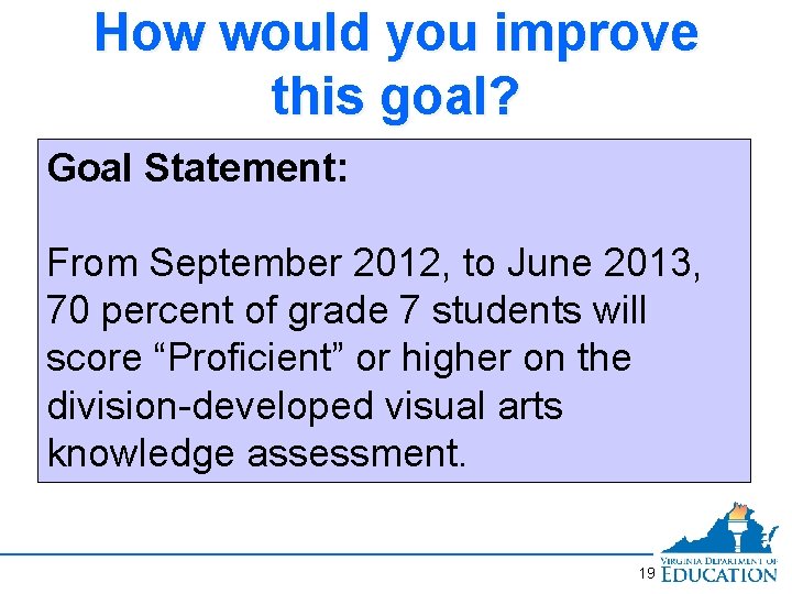 How would you improve this goal? Goal Statement: From September 2012, to June 2013,