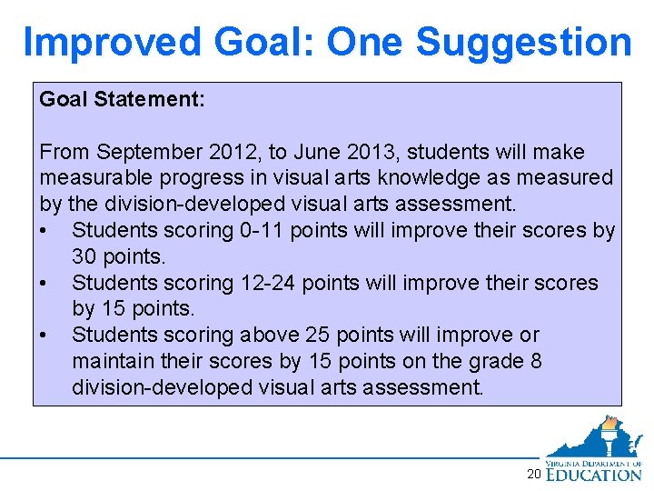 Improved Goal: One Suggestion Goal Statement: From September 2012, to June 2013, students will