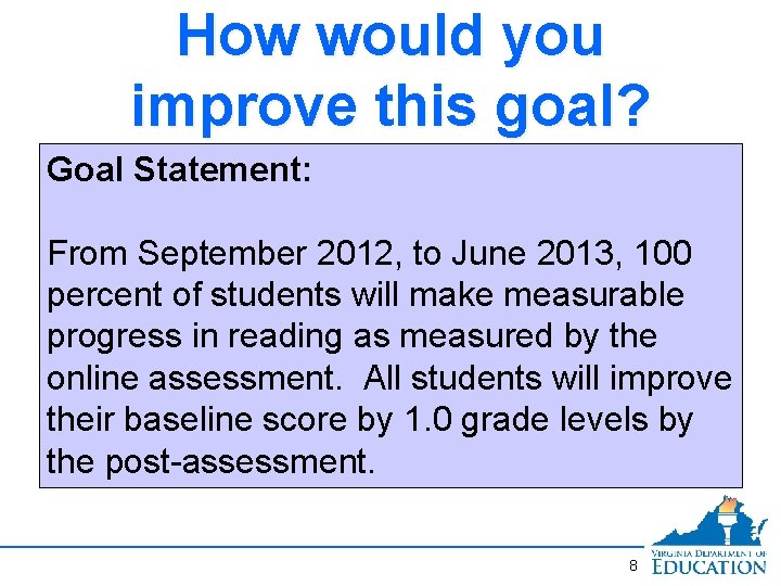 How would you improve this goal? Goal Statement: From September 2012, to June 2013,