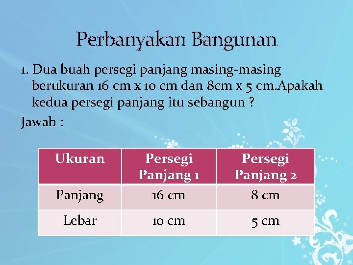 Perbanyakan Bangunan 1. Dua buah persegi panjang masing-masing berukuran 16 cm x 10 cm