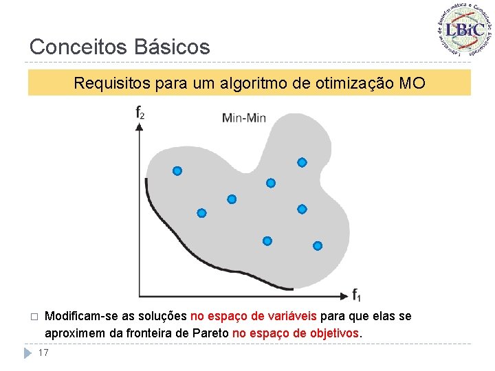 Conceitos Básicos Requisitos para um algoritmo de otimização MO � Modificam-se as soluções no