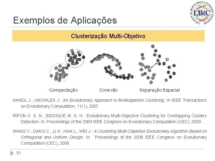 Exemplos de Aplicações Clusterização Multi-Objetivo Compactação Conexão Separação Espacial HANDL J. , KNOWLES J.