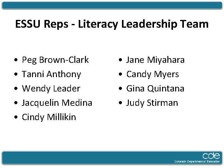 ESSU Reps - Literacy Leadership Team • • • Peg Brown-Clark Tanni Anthony Wendy