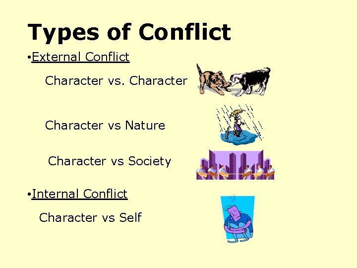 Types of Conflict • External Conflict Character vs Nature Character vs Society • Internal