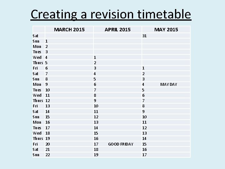 Creating a revision timetable MARCH 2015 Sat Sun Mon Tues Wed Thurs Fri Sat