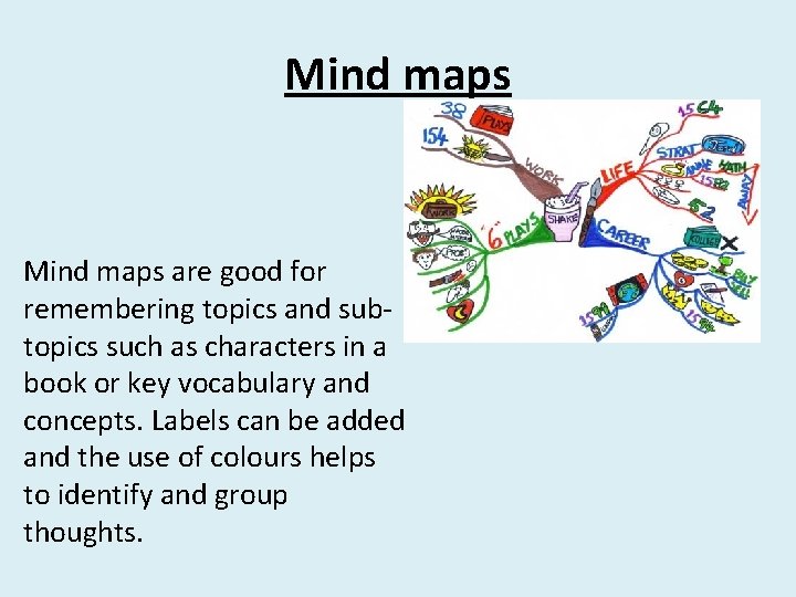 Mind maps are good for remembering topics and subtopics such as characters in a