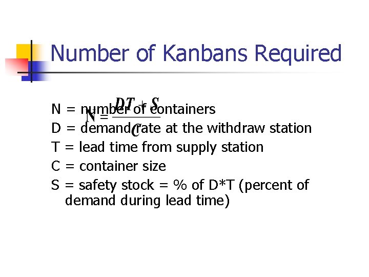 Number of Kanbans Required N = number of containers D = demand rate at