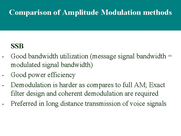 Comparison of Amplitude Modulation methods - SSB Good bandwidth utilization (message signal bandwidth =