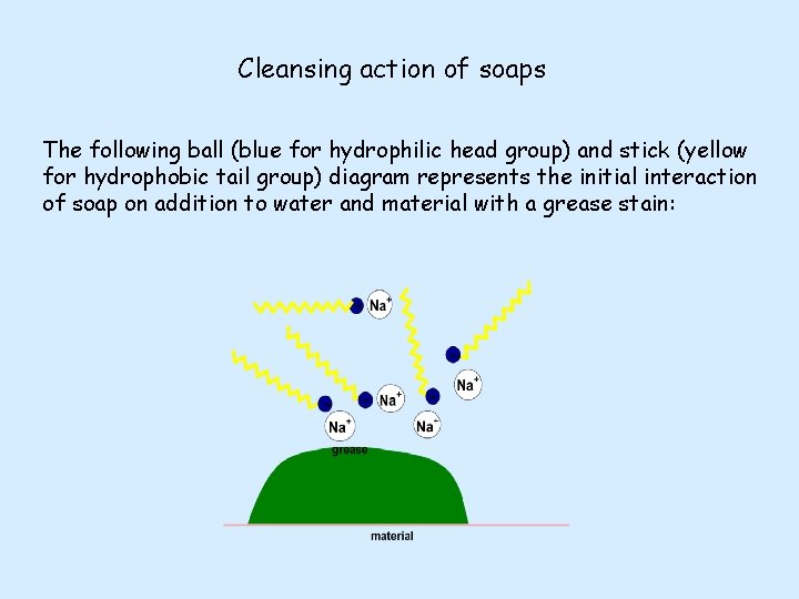 Cleansing action of soaps The following ball (blue for hydrophilic head group) and stick