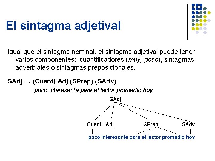 El sintagma adjetival Igual que el sintagma nominal, el sintagma adjetival puede tener varios