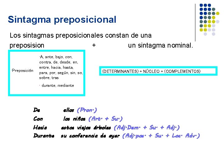 Sintagma preposicional Los sintagmas preposicionales constan de una preposision + un sintagma nominal. •