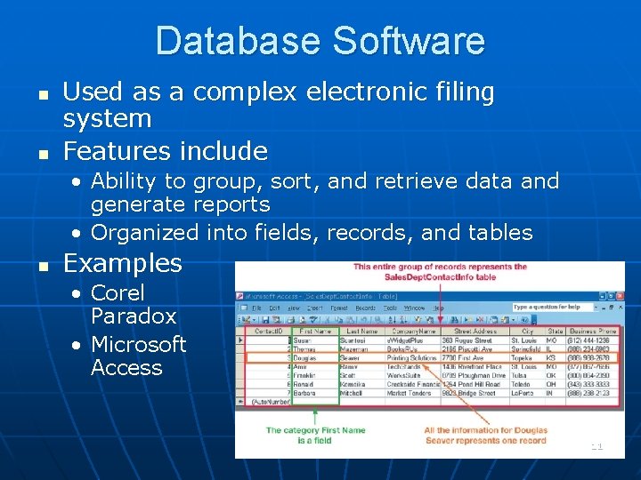 Database Software n n Used as a complex electronic filing system Features include • Database Software n n Used as a complex electronic filing system Features include •