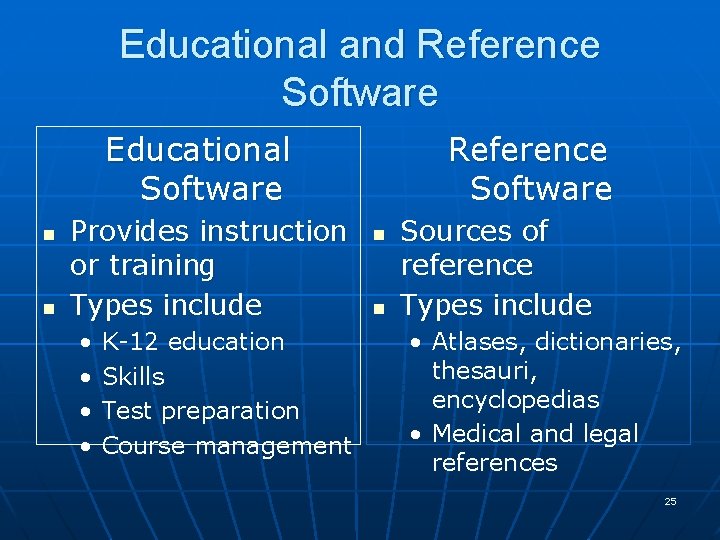 Educational and Reference Software Educational Software n n Provides instruction or training Types include Educational and Reference Software Educational Software n n Provides instruction or training Types include