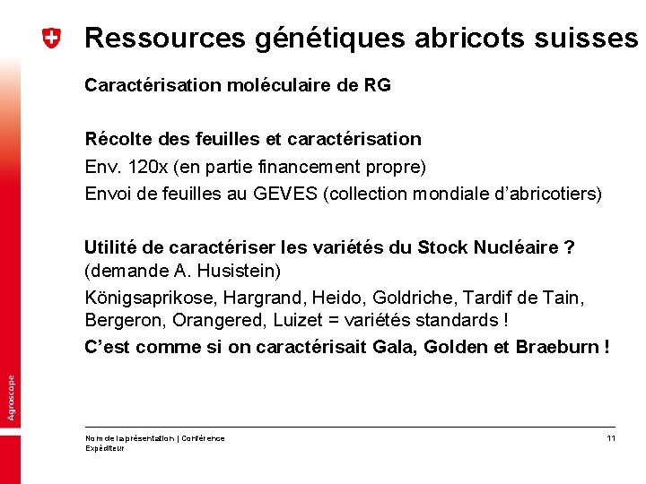 Ressources génétiques abricots suisses Caractérisation moléculaire de RG Récolte des feuilles et caractérisation Env.