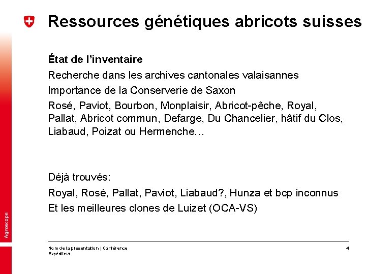 Ressources génétiques abricots suisses État de l’inventaire Recherche dans les archives cantonales valaisannes Importance