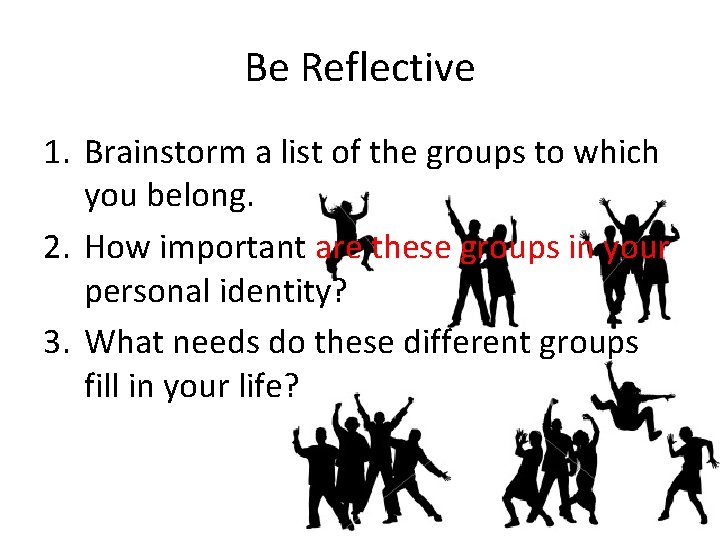 Be Reflective 1. Brainstorm a list of the groups to which you belong. 2.