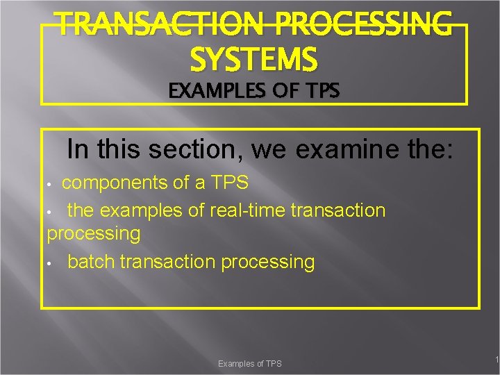 TRANSACTION PROCESSING SYSTEMS EXAMPLES OF TPS In this section, we examine the: components of