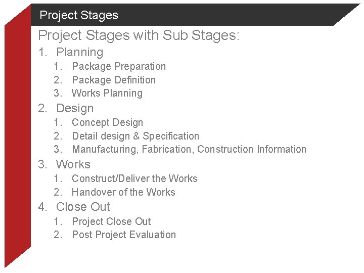 Project Stages with Sub Stages: 1. Planning 1. Package Preparation 2. Package Definition 3.