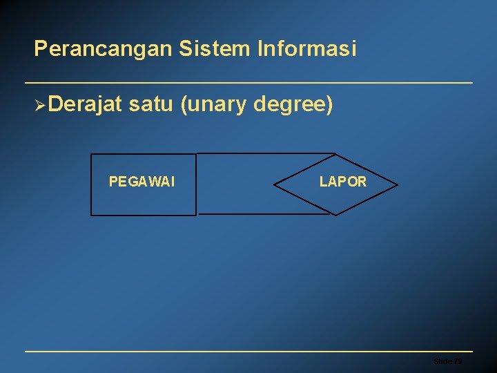 Perancangan Sistem Informasi ØDerajat satu (unary degree) PEGAWAI LAPOR Slide 79 