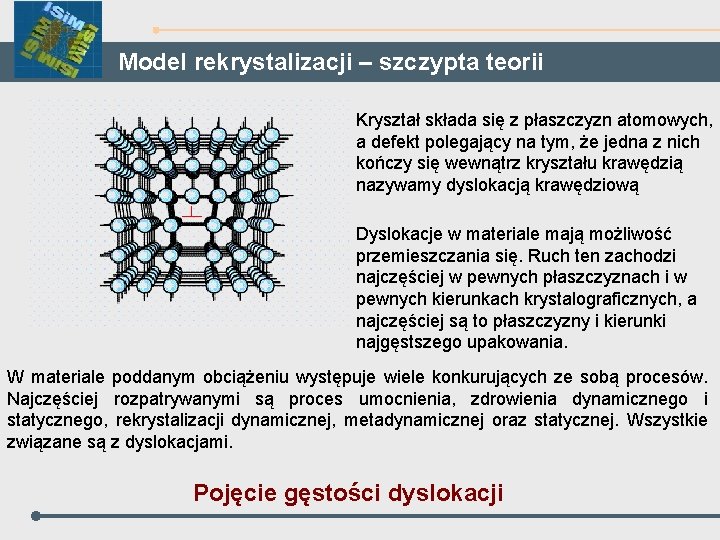 Model rekrystalizacji – szczypta teorii Kryształ składa się z płaszczyzn atomowych, a defekt polegający