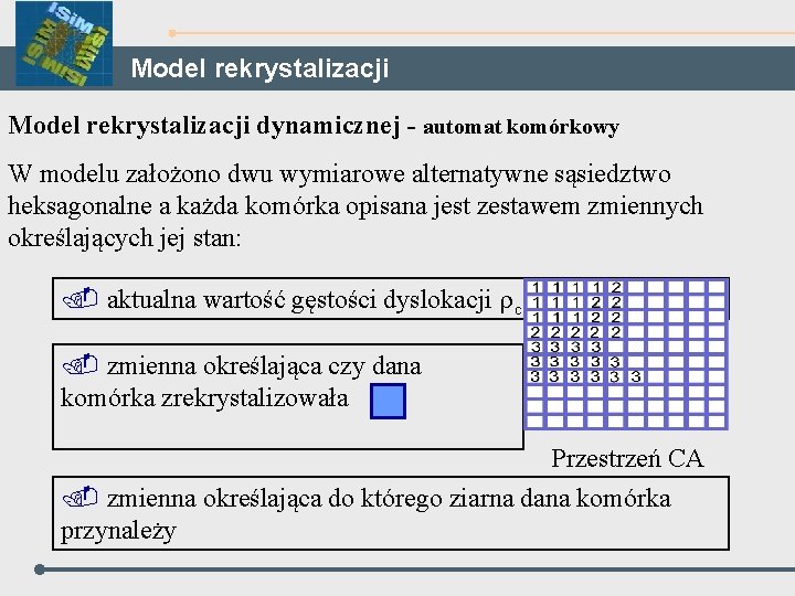 Model rekrystalizacji dynamicznej - automat komórkowy W modelu założono dwu wymiarowe alternatywne sąsiedztwo heksagonalne