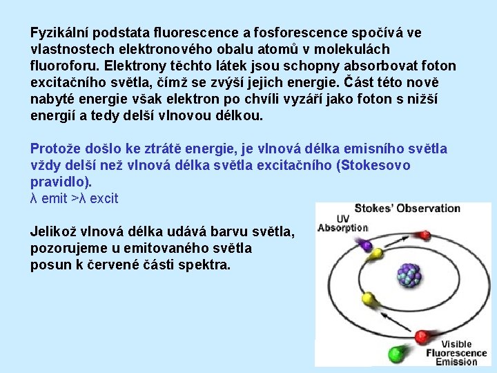 Fyzikální podstata fluorescence a fosforescence spočívá ve vlastnostech elektronového obalu atomů v molekulách fluoroforu.